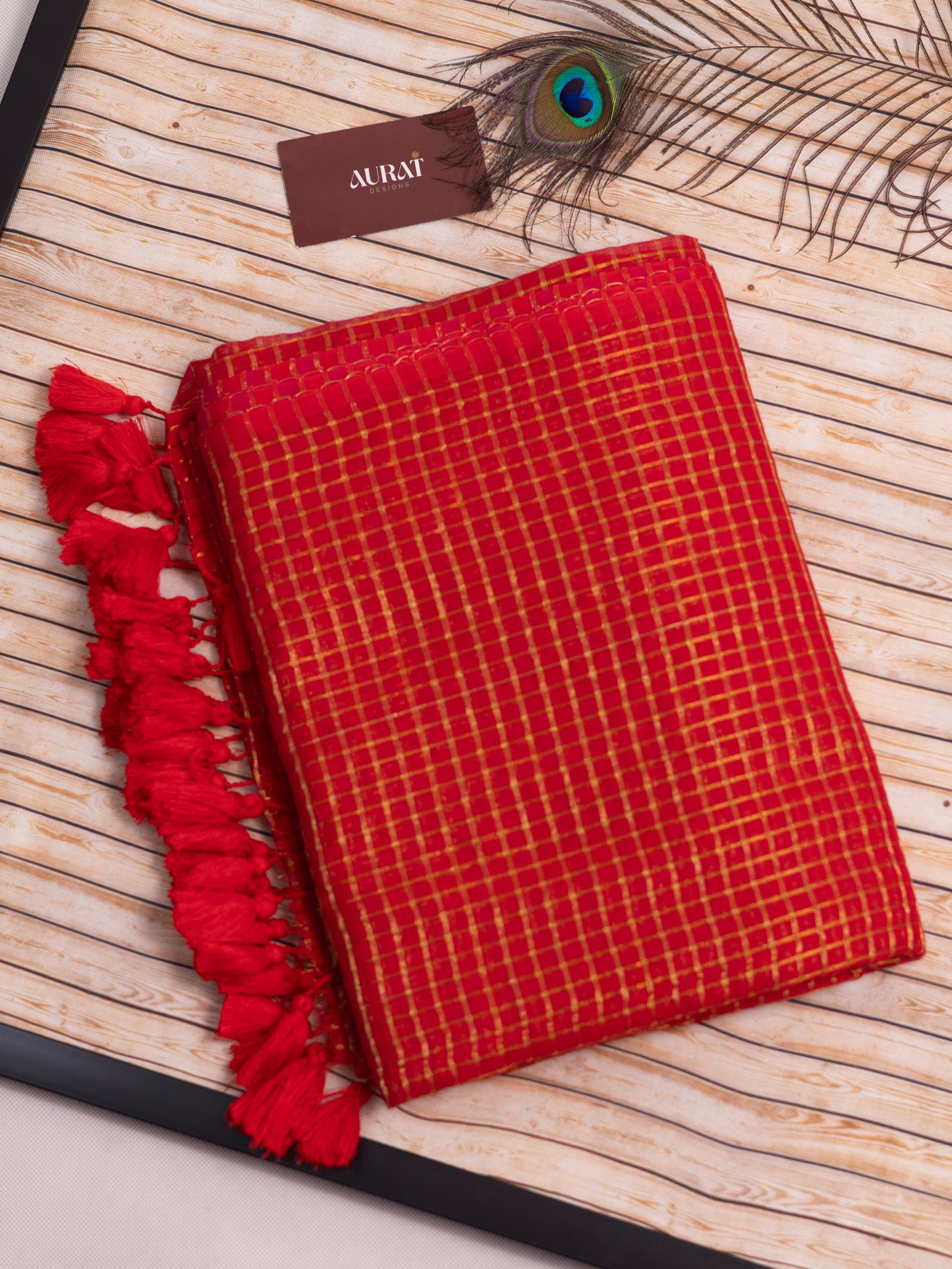 Red-rani pink-golden zari small box woven mul cotton saree-S202