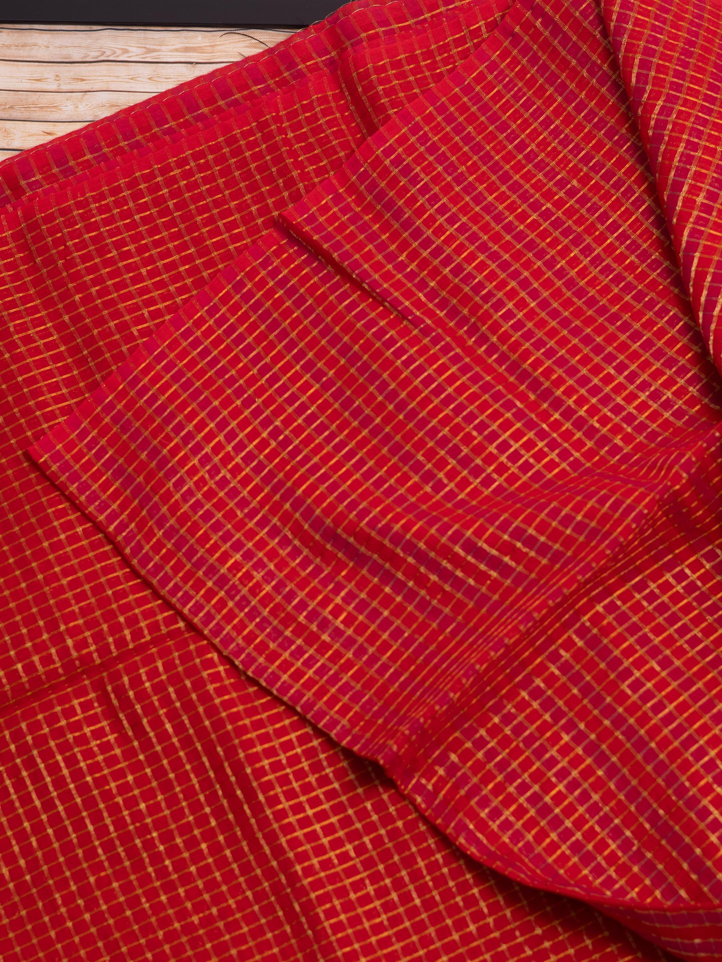 Red-rani pink-golden zari small box woven mul cotton saree-S202