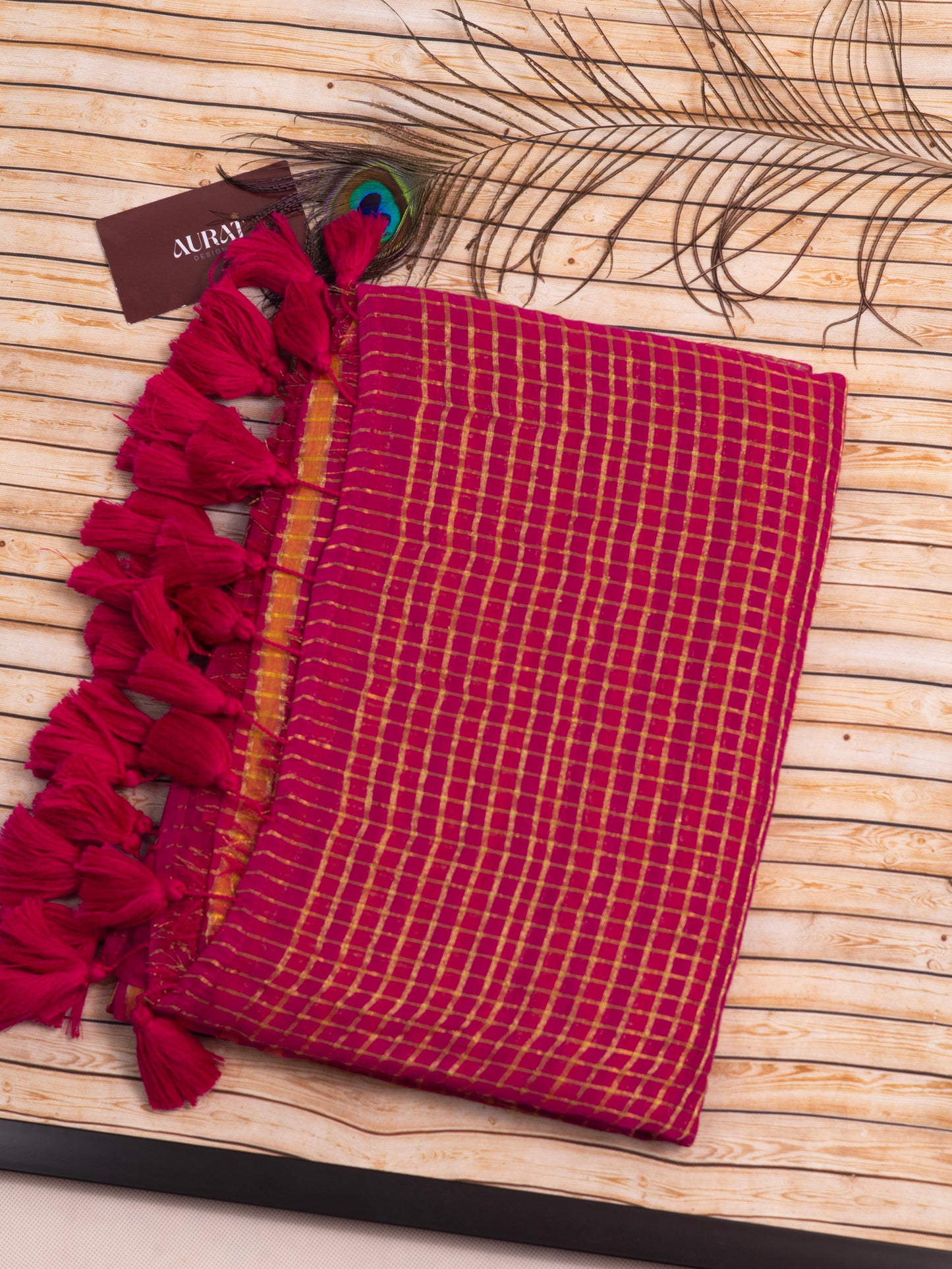 Rani pink-golden zari small box woven mul cotton saree-S201