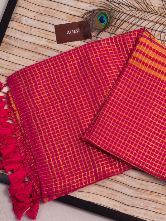 Rani pink-golden zari small box woven mul cotton saree-S201