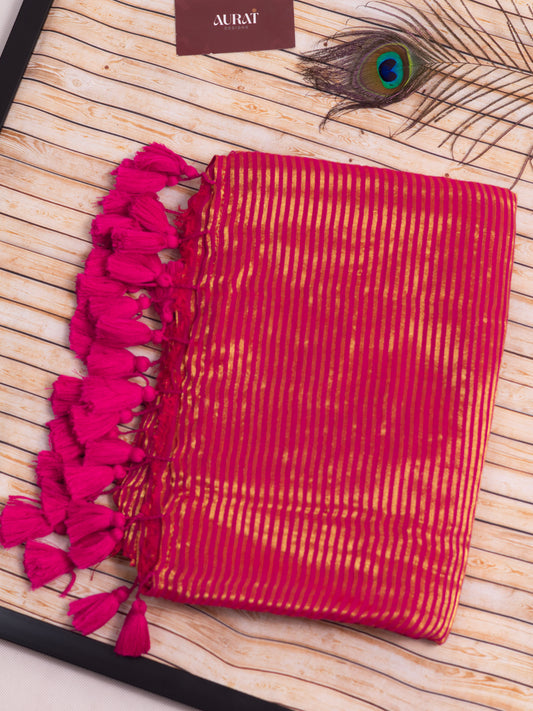 Rani pink color golden stripe mul cotton saree-S214