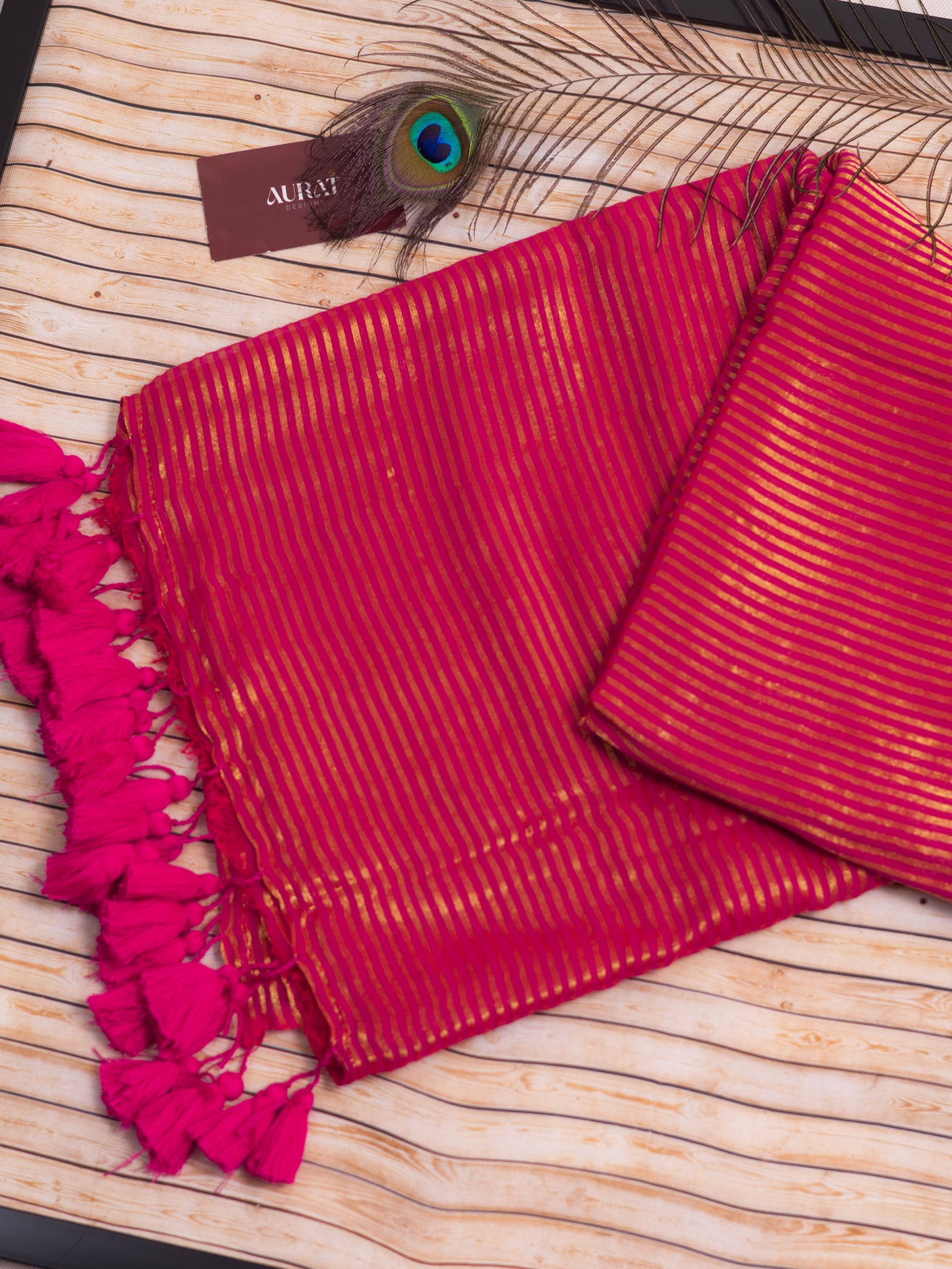 Rani pink color golden stripe mul cotton saree-S214