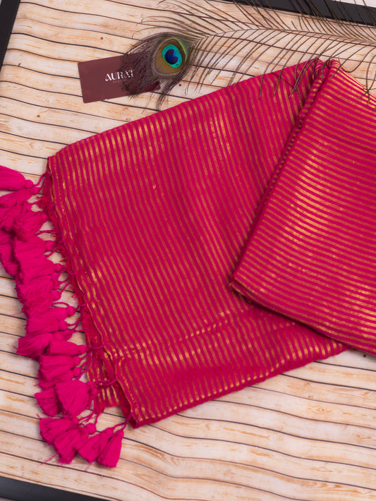 Rani pink color golden stripe mul cotton saree-S214