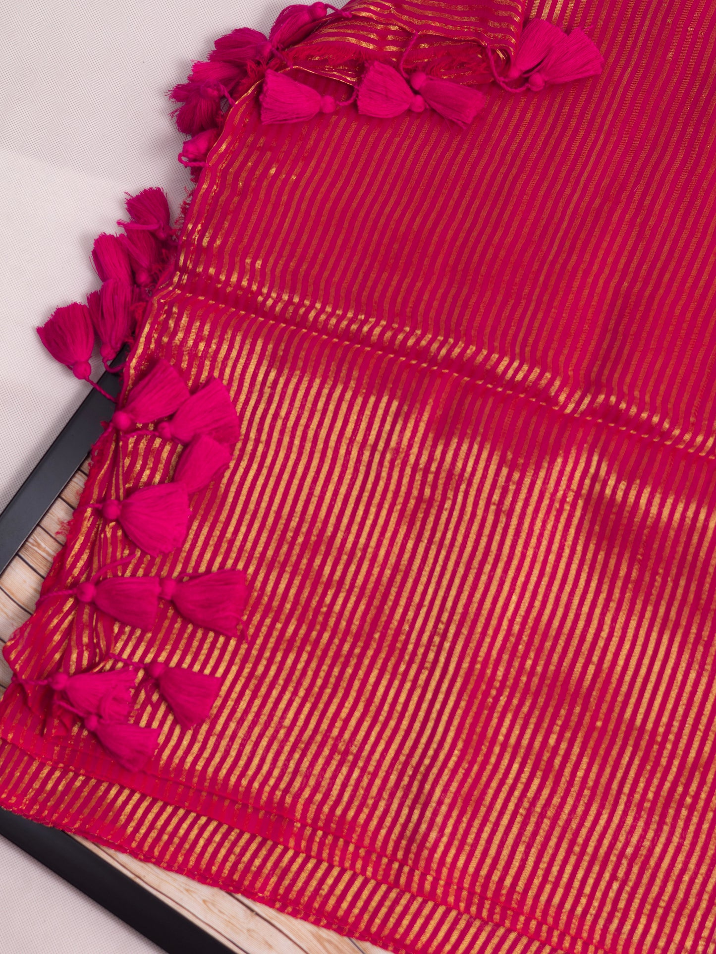 Rani pink color golden stripe mul cotton saree-S214