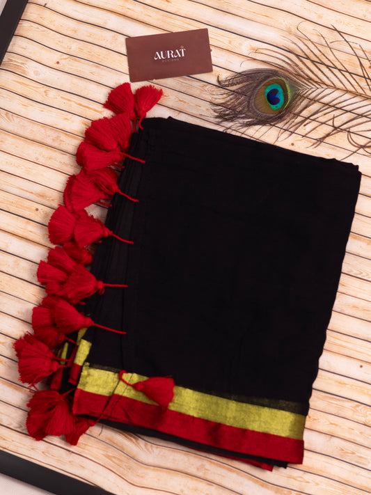 Black color red and golden border mul cotton saree-S197