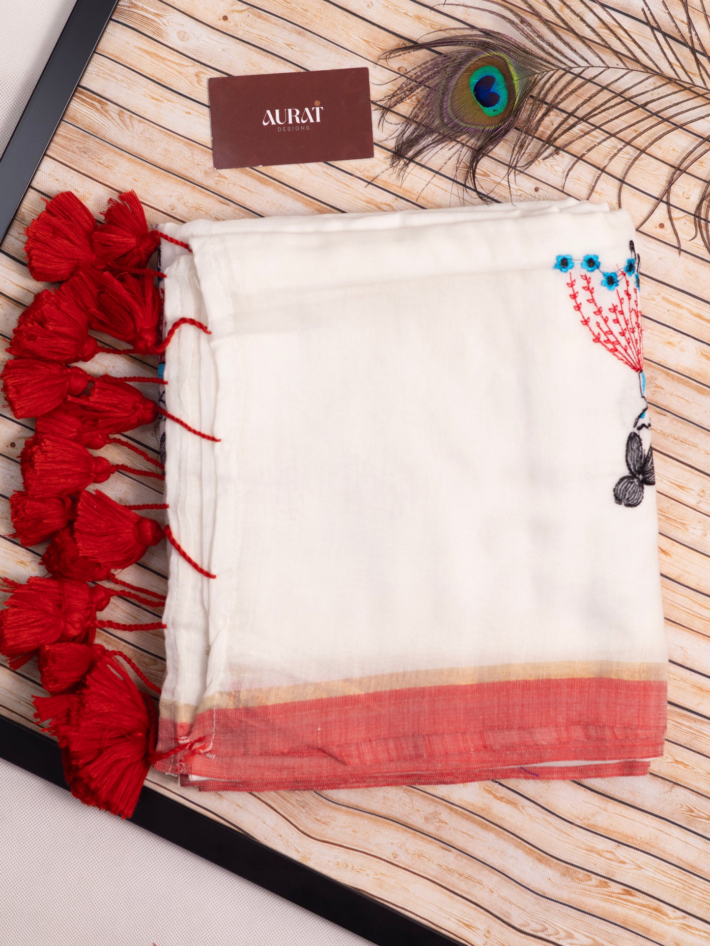Doll embroidered white mul cotton saree-S175