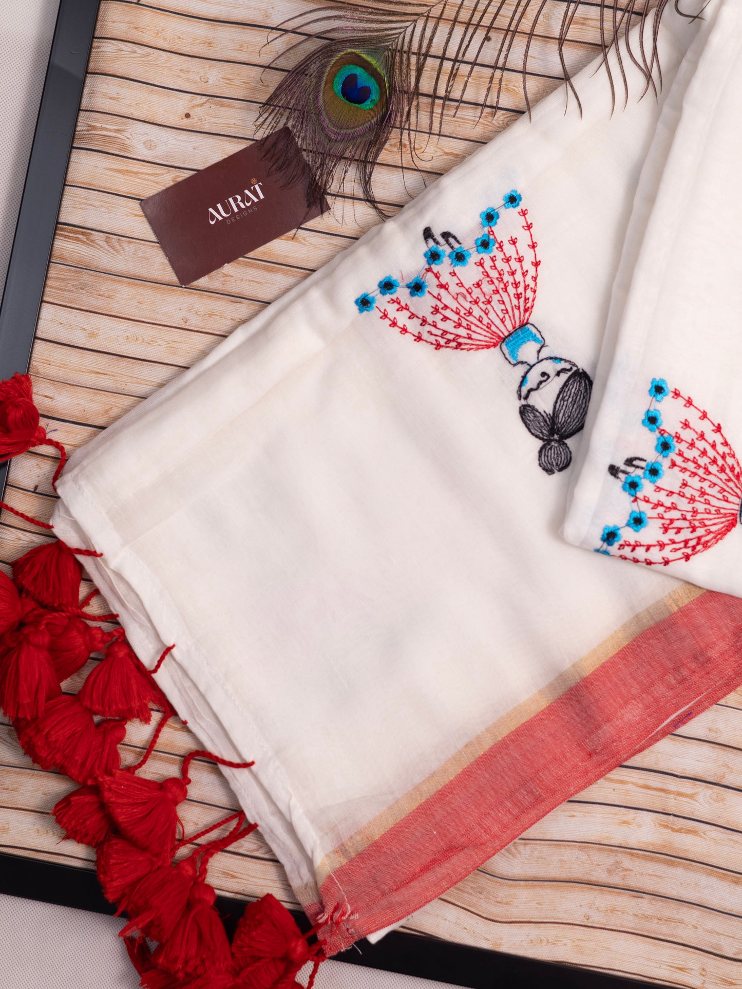 Doll embroidered white mul cotton saree-S175