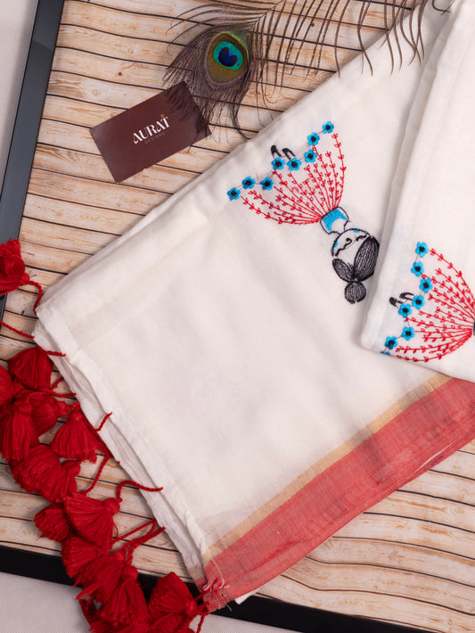 Doll embroidered white mul cotton saree-S175