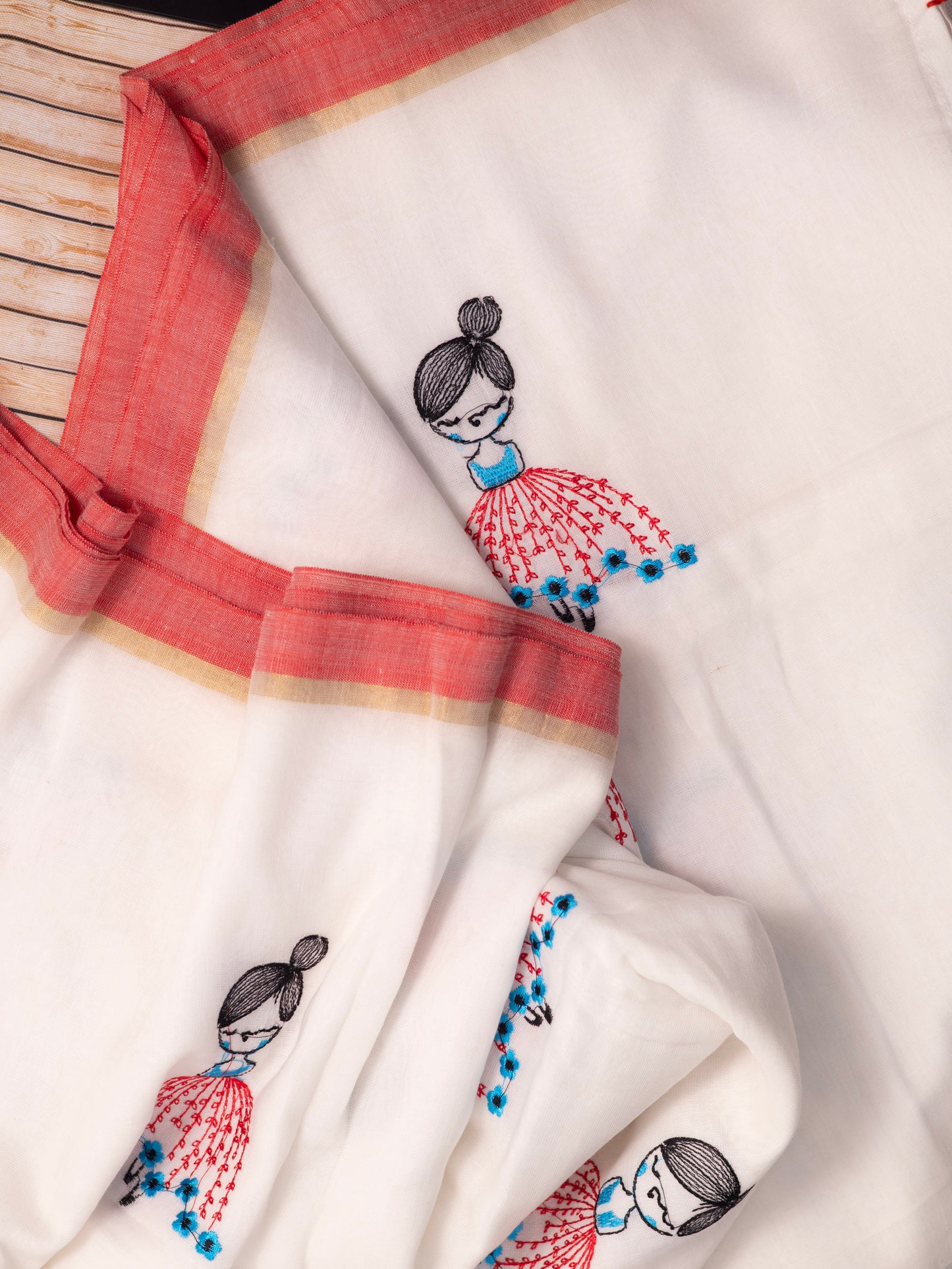 Doll embroidered white mul cotton saree-S175