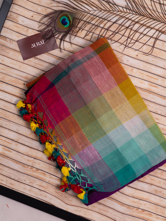 Rainbow black border mul cotton saree-S232