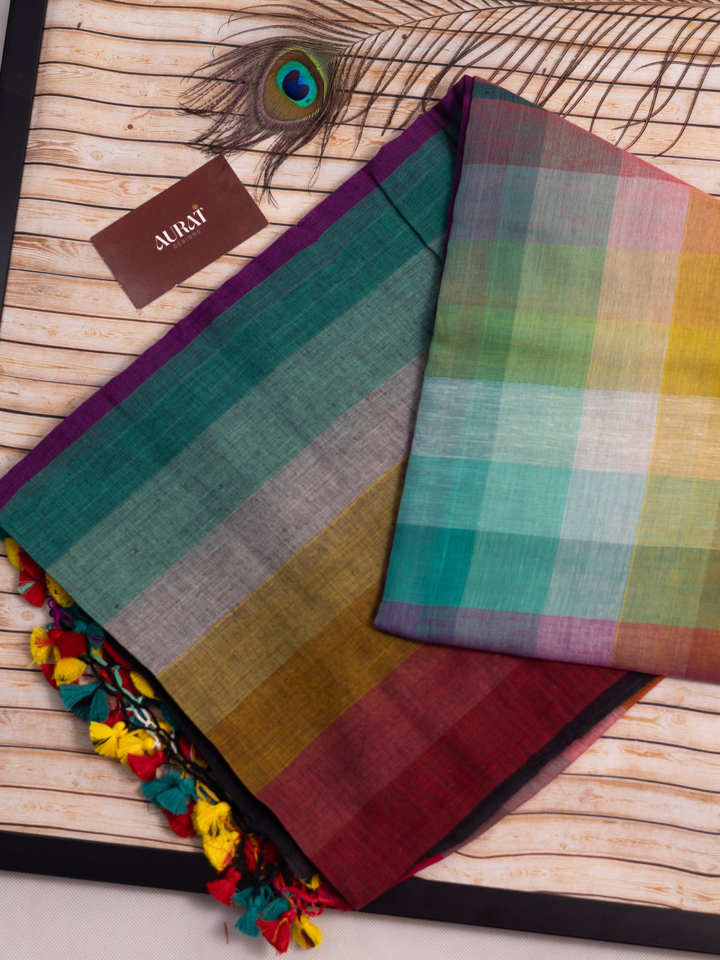 Rainbow black border mul cotton saree-S232