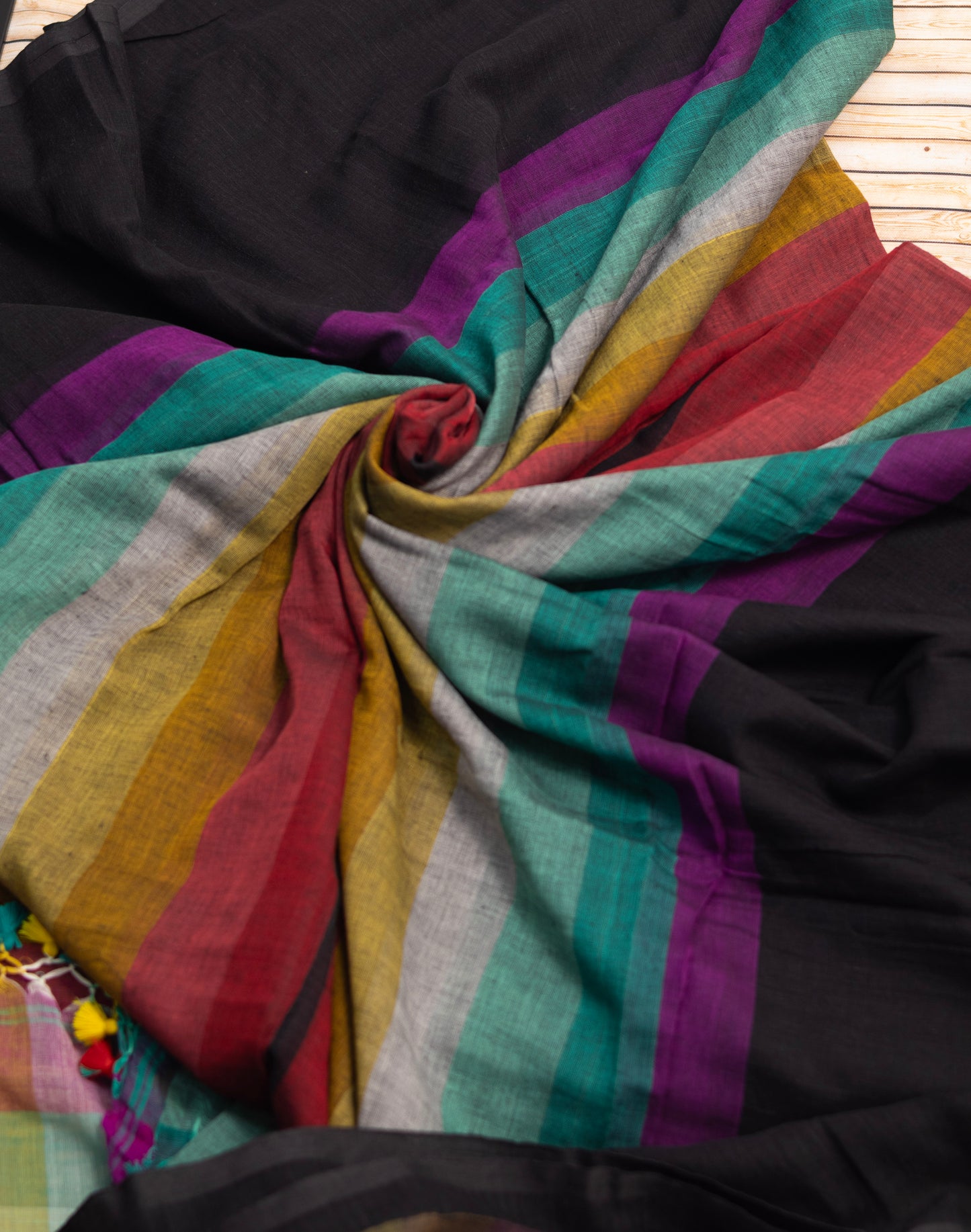 Rainbow black border mul cotton saree-S232