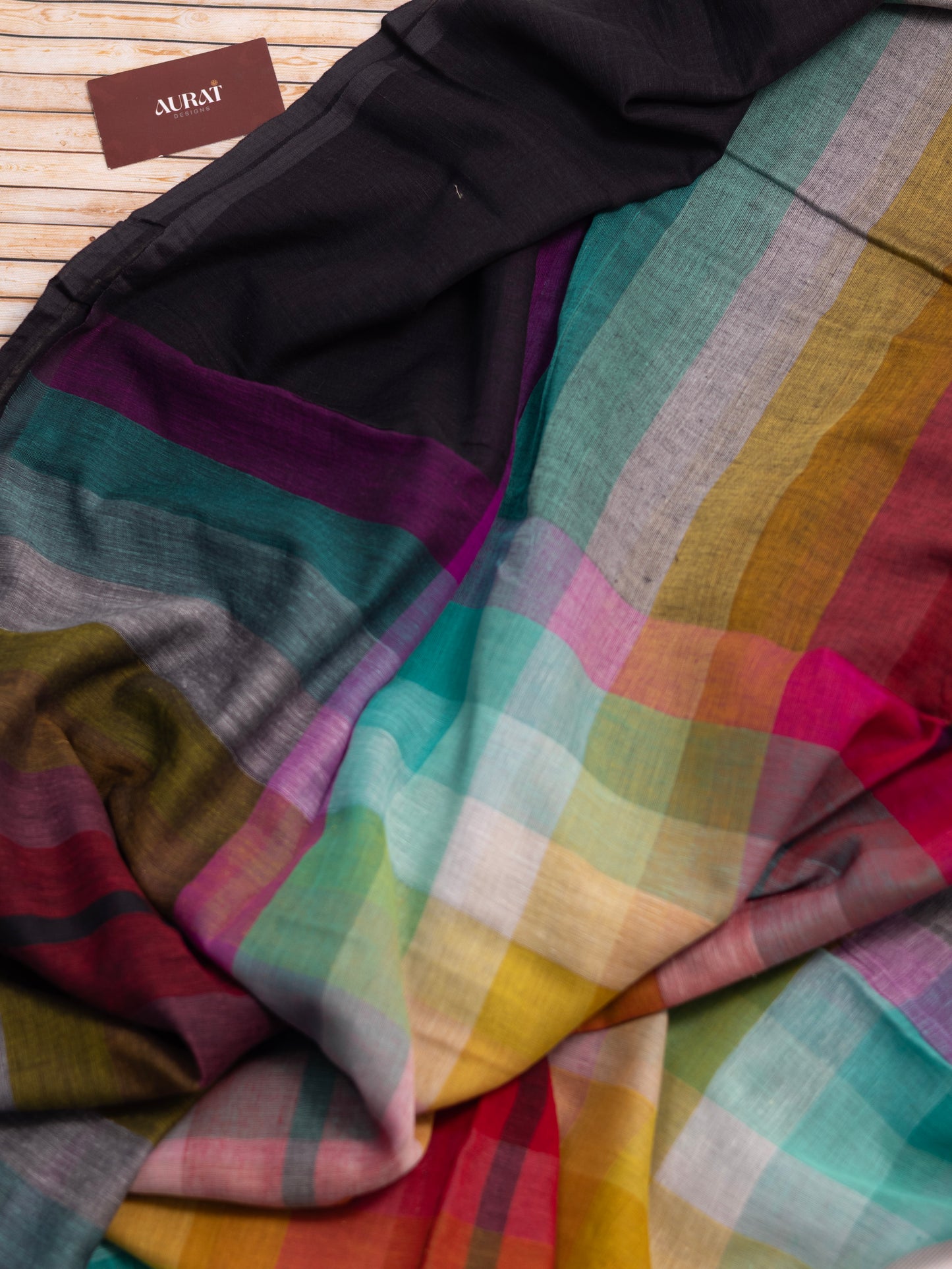 Rainbow black border mul cotton saree-S232