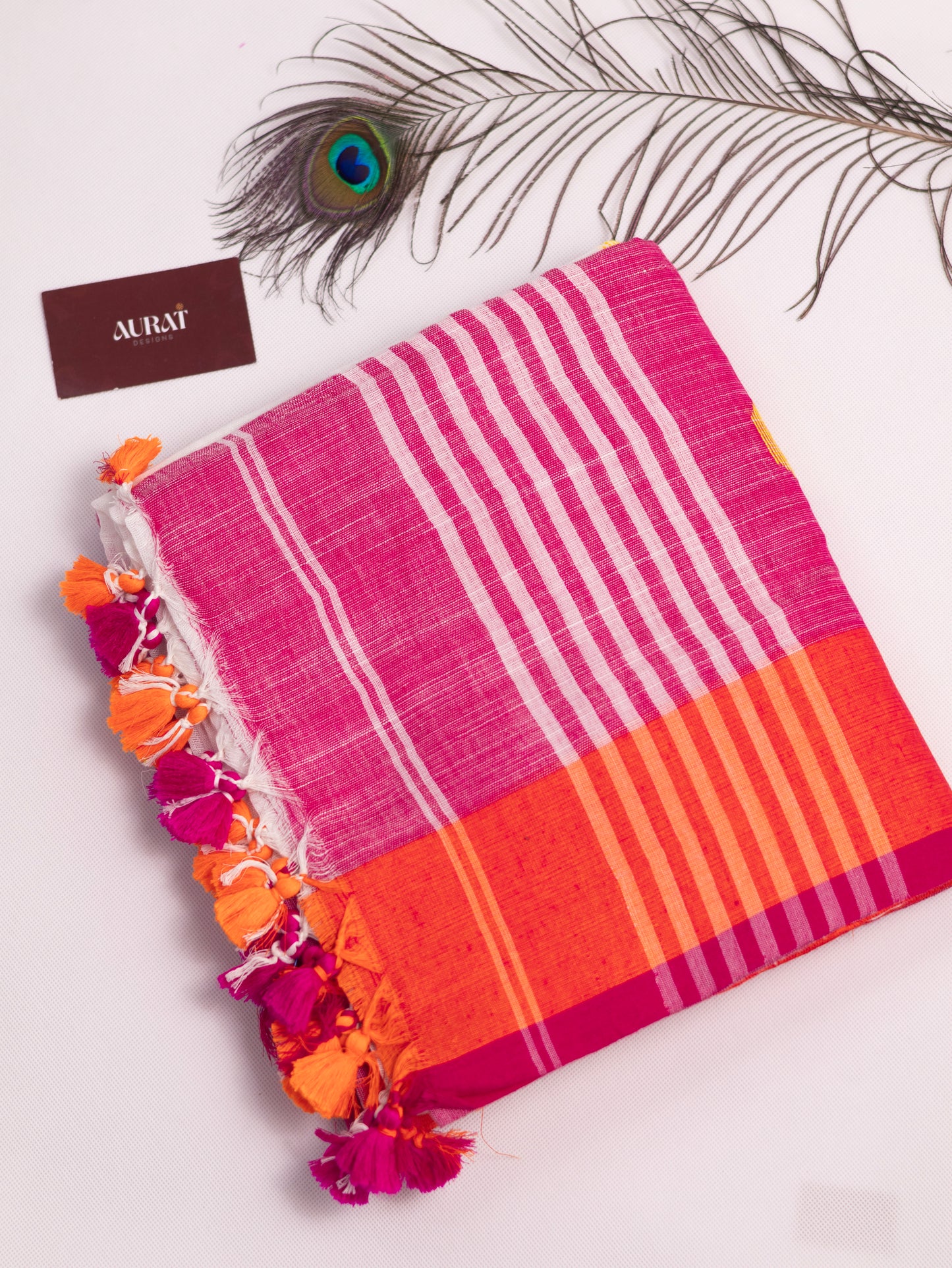 White & pink embroidered khadi cotton saree-S174