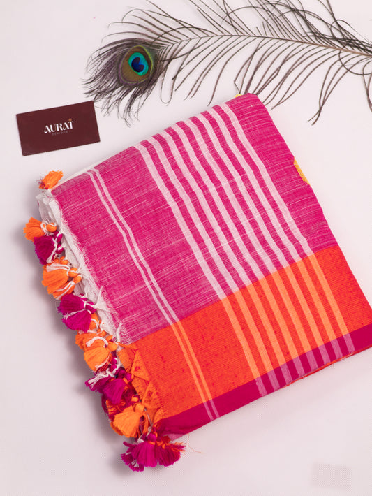 White & pink embroidered khadi cotton saree-S174