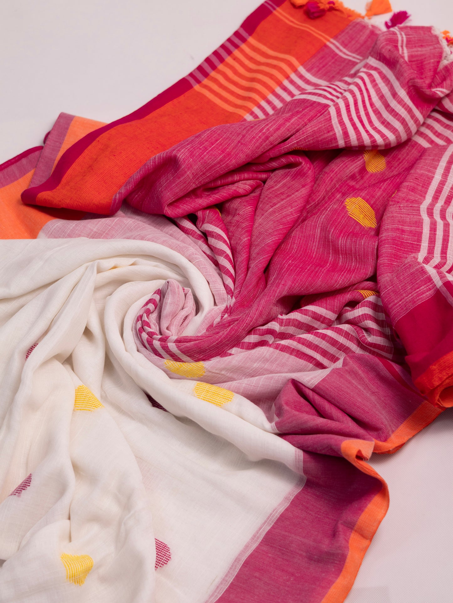 White & pink embroidered khadi cotton saree-S174