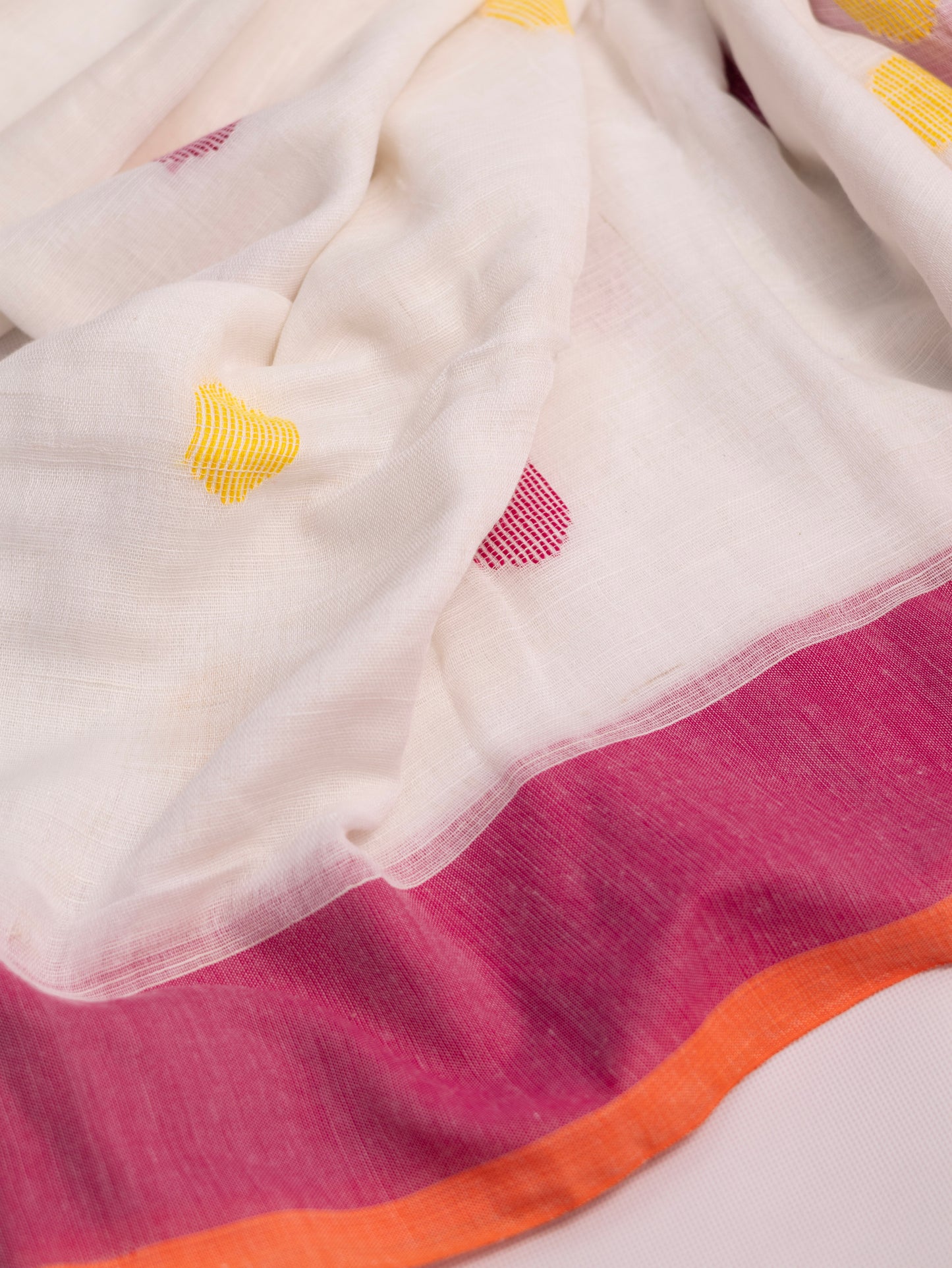 White & pink embroidered khadi cotton saree-S174