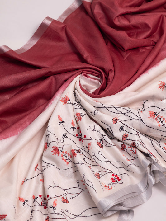 Cotton linen embroidery saree-S135