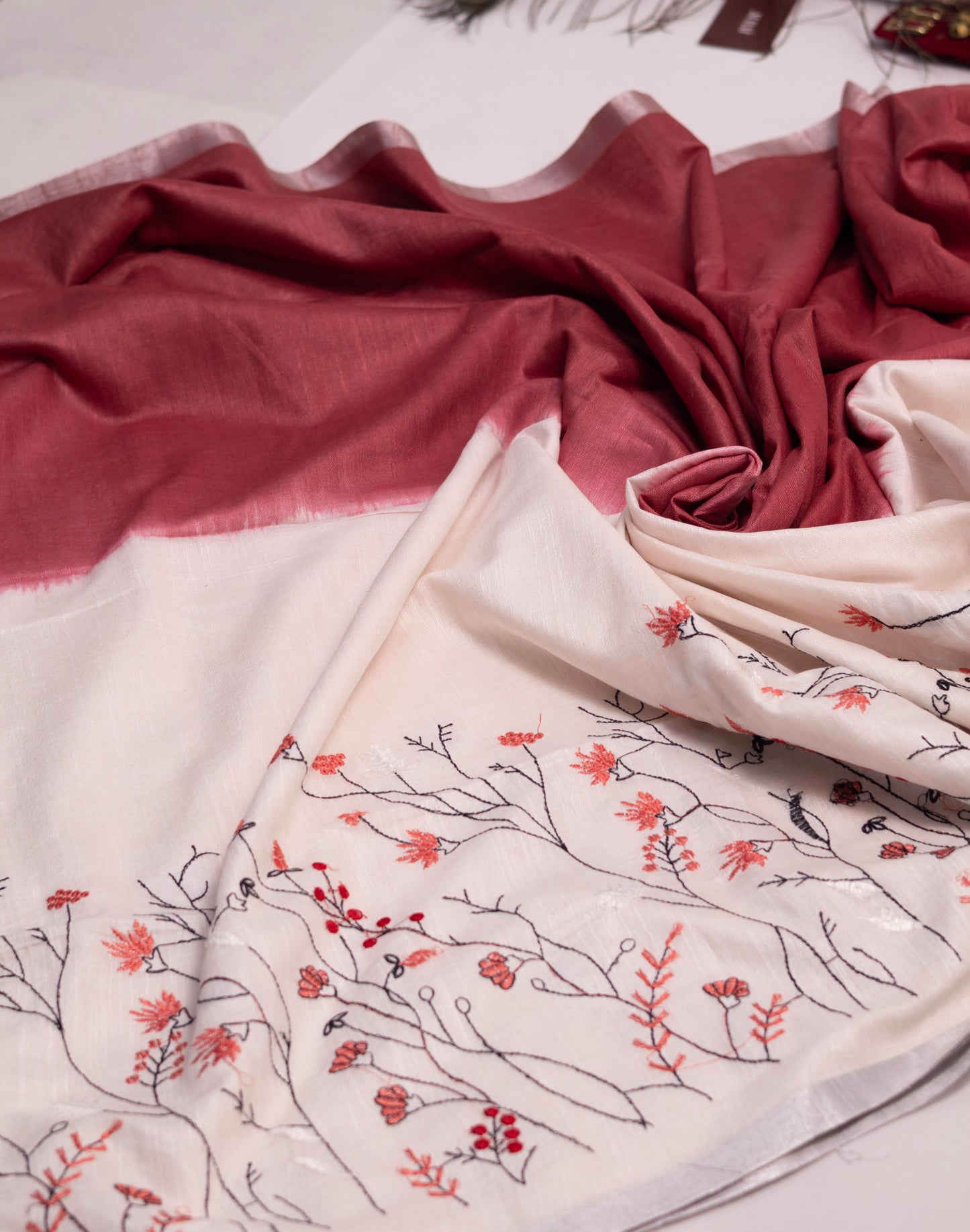 Cotton linen embroidery saree-S135