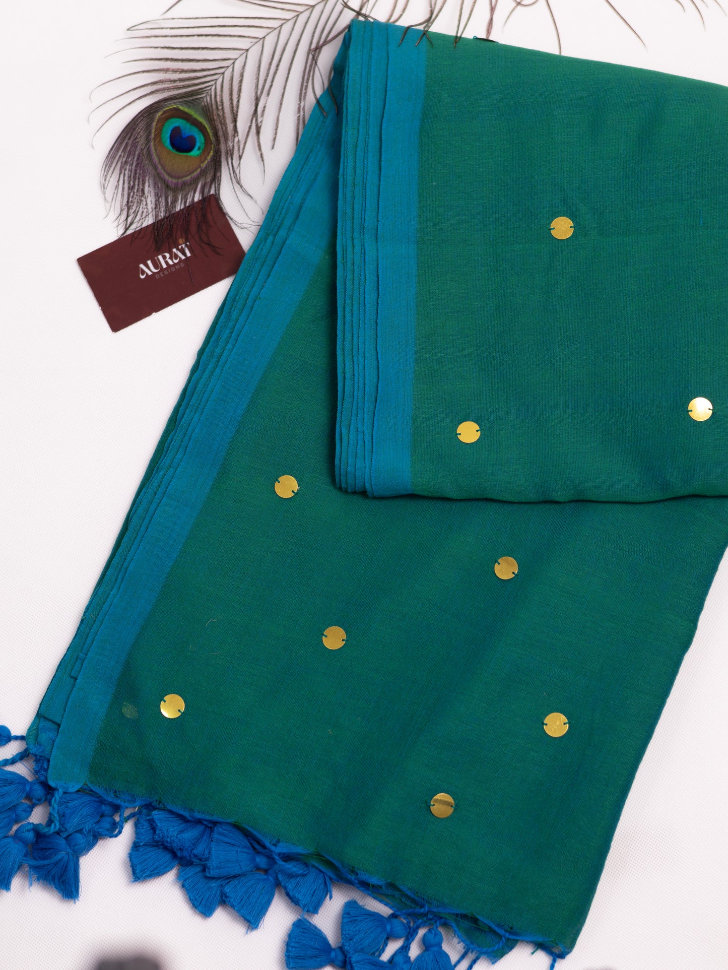 Blue-Green Khadi gini cotton saree-S229
