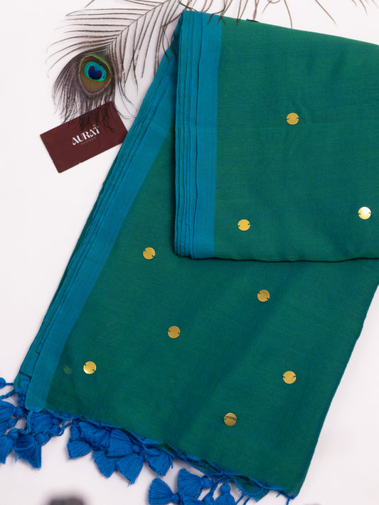 Blue-Green Khadi gini cotton saree-S229