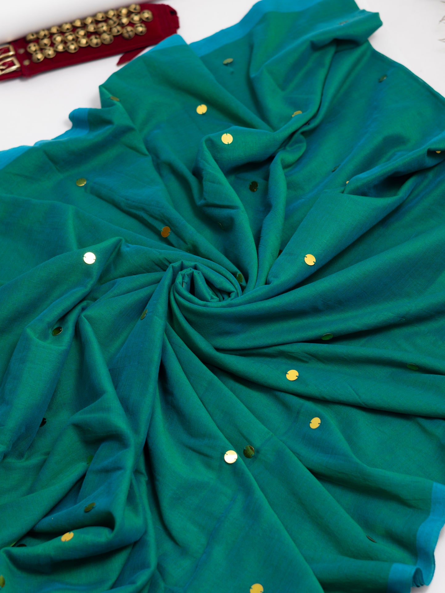 Blue-Green Khadi gini cotton saree-S229