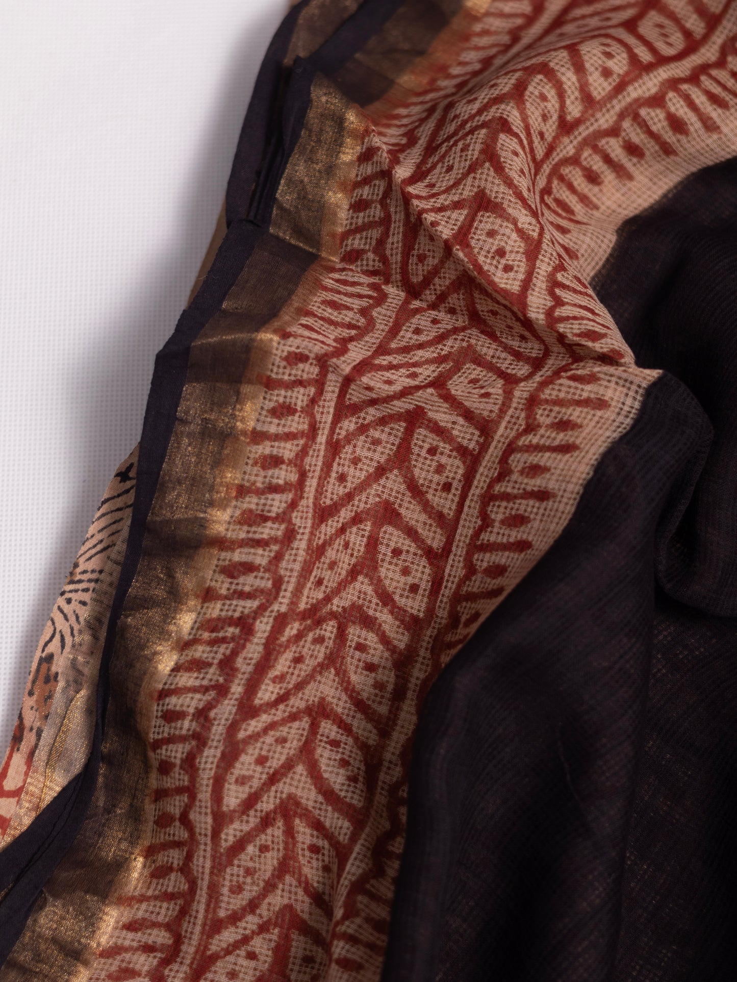 Kota doria bagru print cotton saree-S168(a)