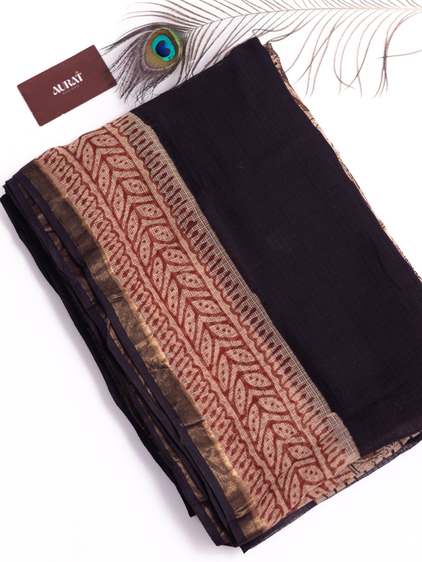 Kota doria bagru print cotton saree-S168(a)
