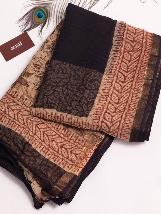 Kota doria bagru print cotton saree-S168(a)