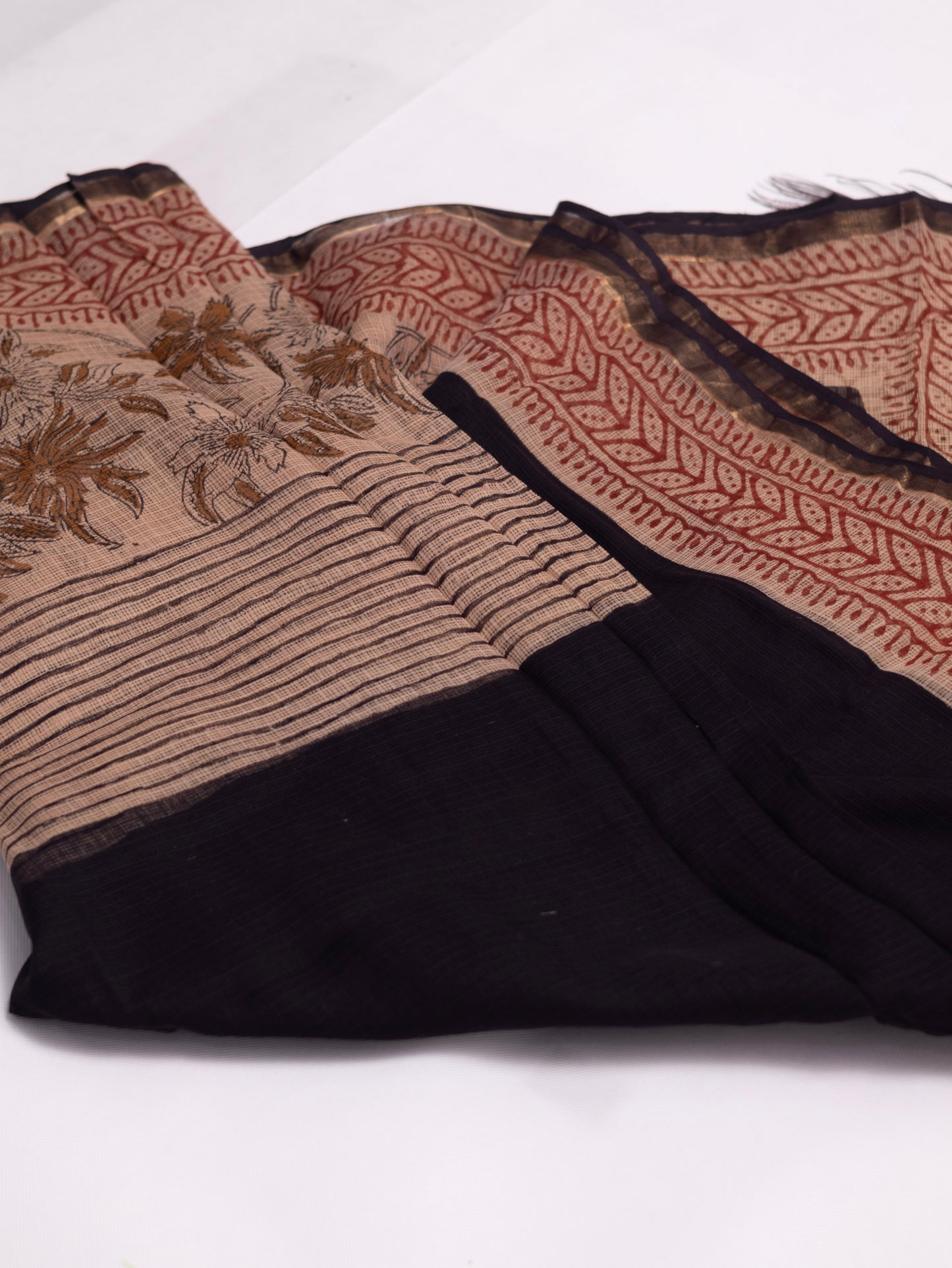 Kota doria bagru print cotton saree-S168(a)