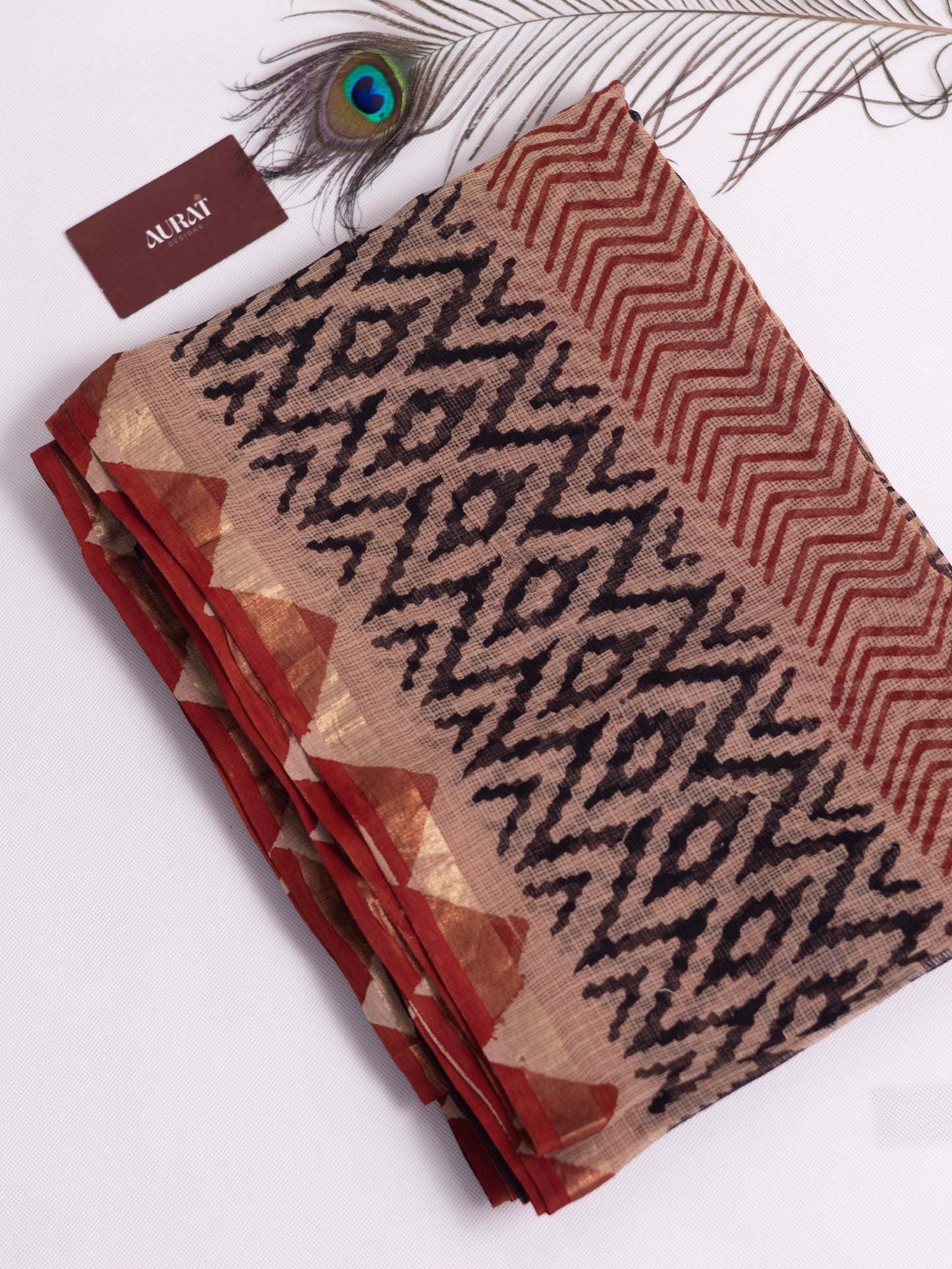 Kota doria bagru print cotton saree-S168(b)