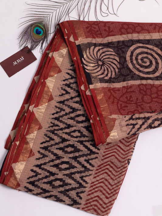 Kota doria bagru print cotton saree-S168(b)