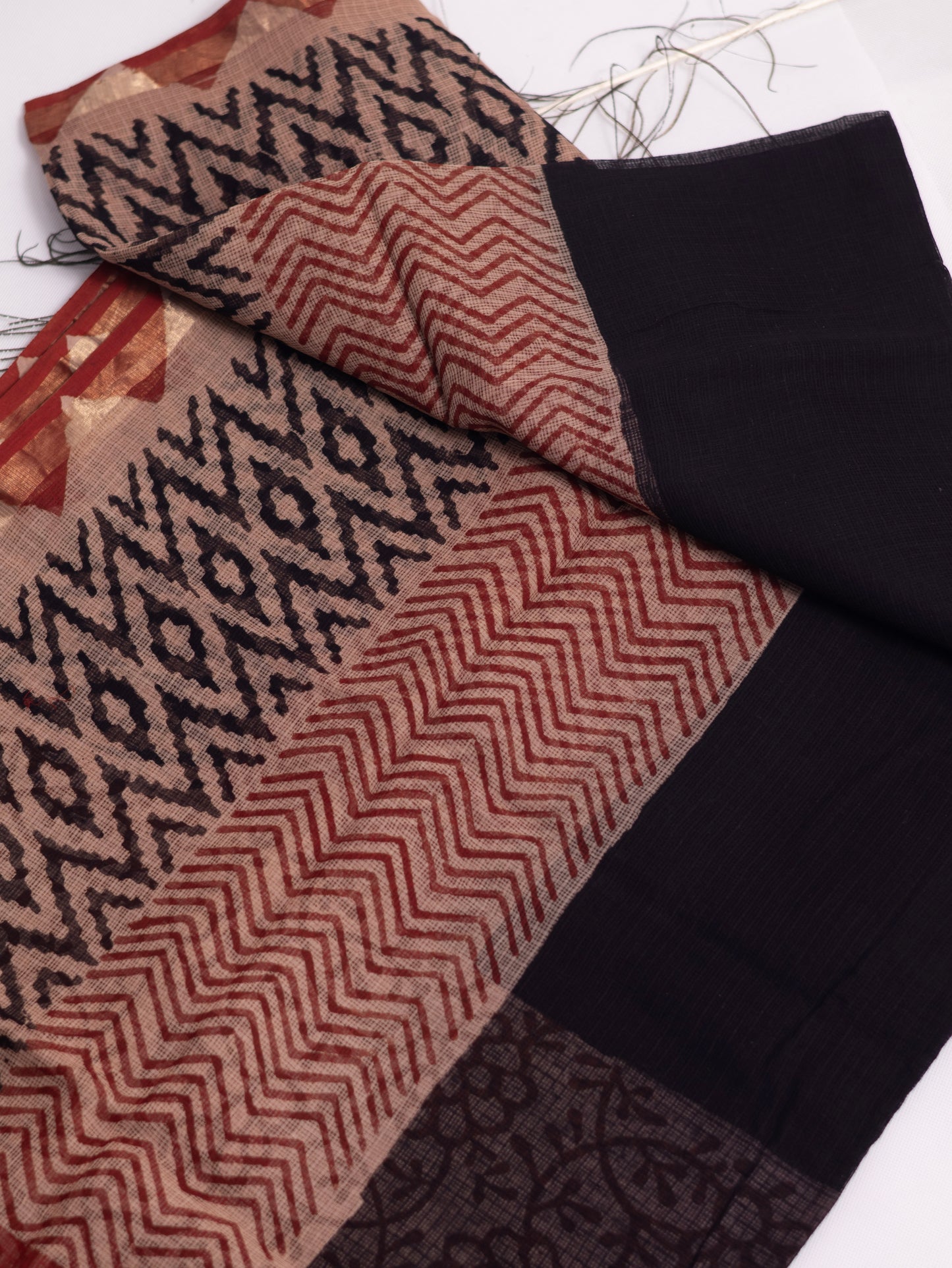 Kota doria bagru print cotton saree-S168(b)