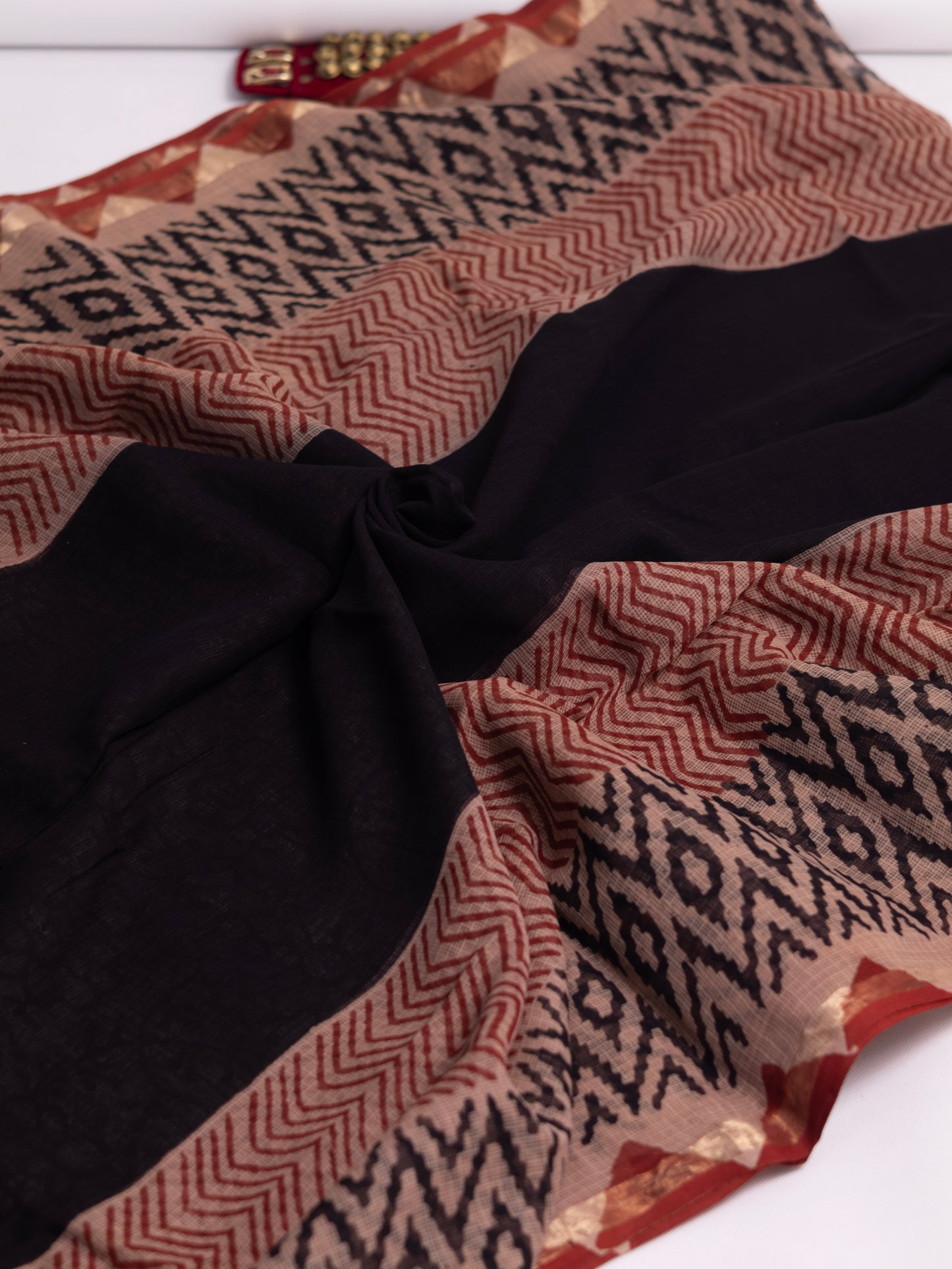 Kota doria bagru print cotton saree-S168(b)