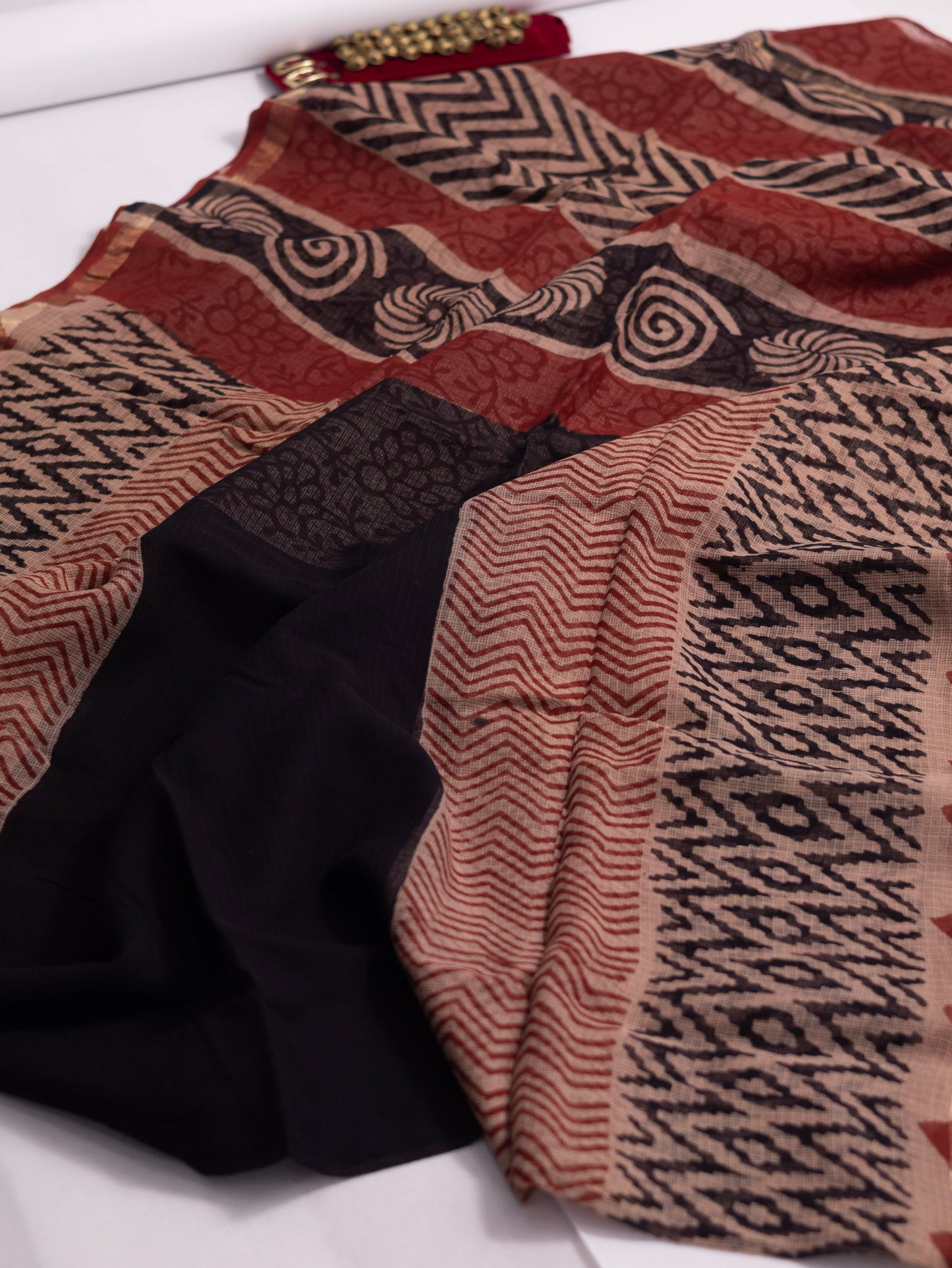 Kota doria bagru print cotton saree-S168(b)