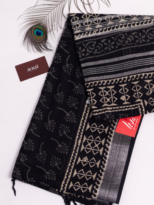 Bagru/dabu printed Linen-cotton saree-S153(D)