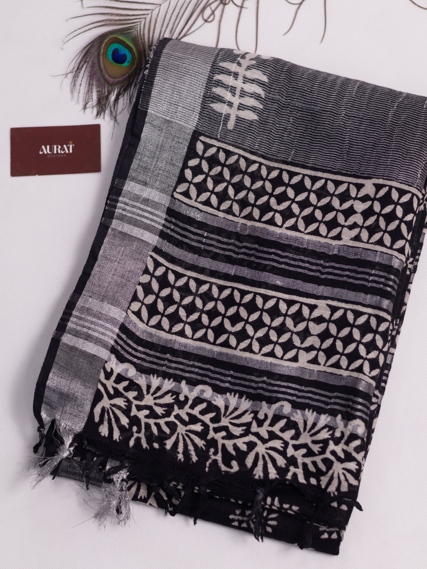 Bagru/dabu printed Linen-cotton saree-S153(B)