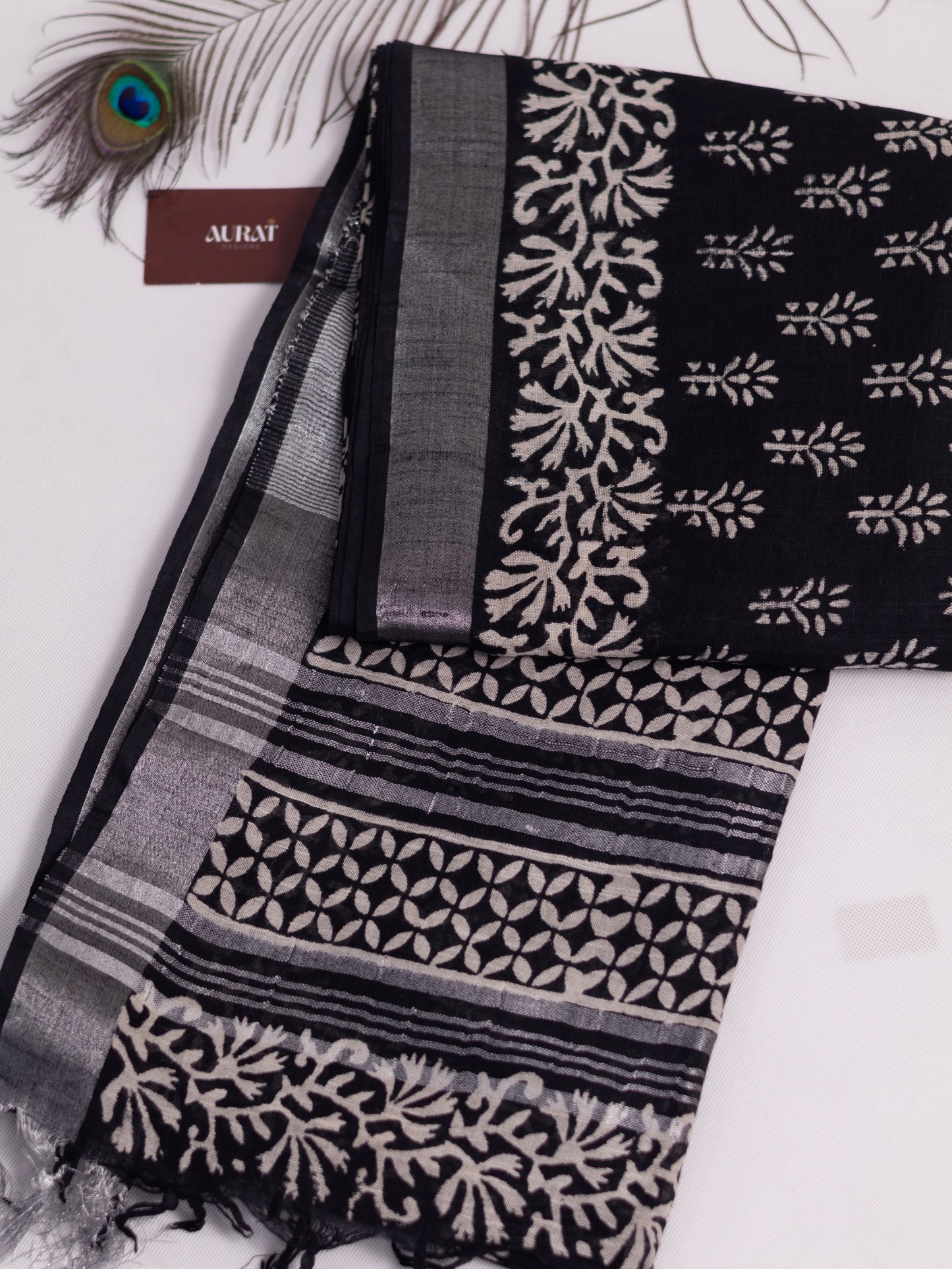 Bagru/dabu printed Linen-cotton saree-S153(B)