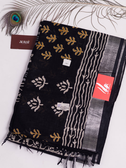 Bagru/dabu printed Linen-cotton saree-S153(E)
