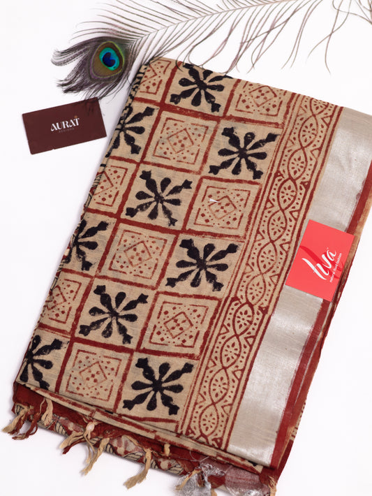 Bagru/dabu printed Linen-cotton saree-S151(E)