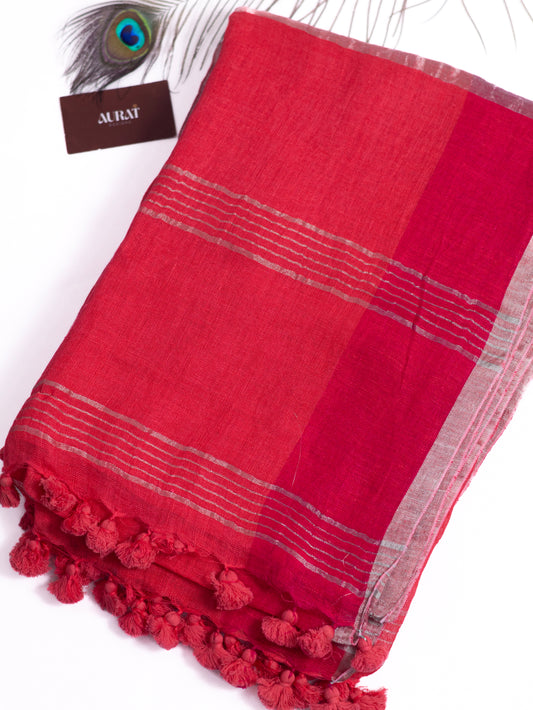 Peach & Rani pink color pure linen saree-S194