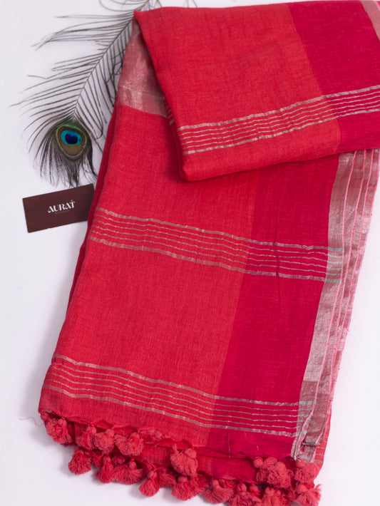 Peach & Rani pink color pure linen saree-S194