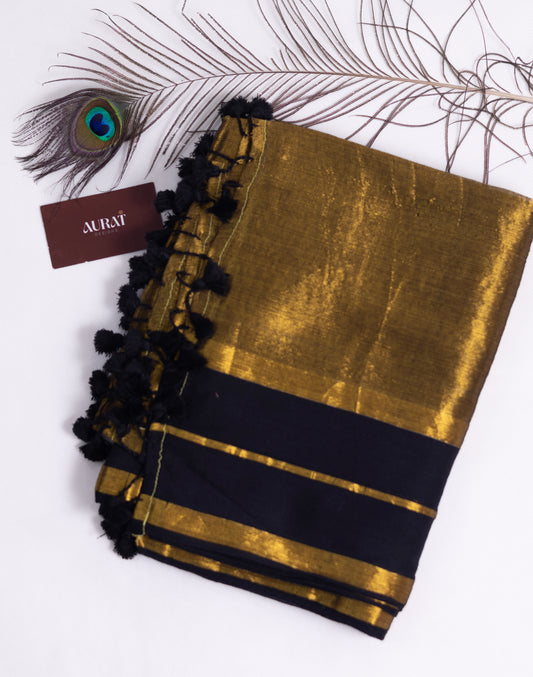 Golden tissue saree with mul cotton border-S188