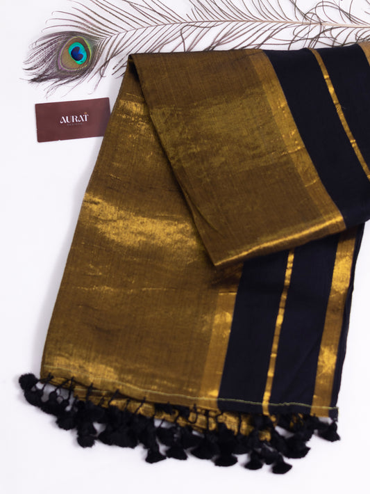 Golden tissue saree with mul cotton border-S188