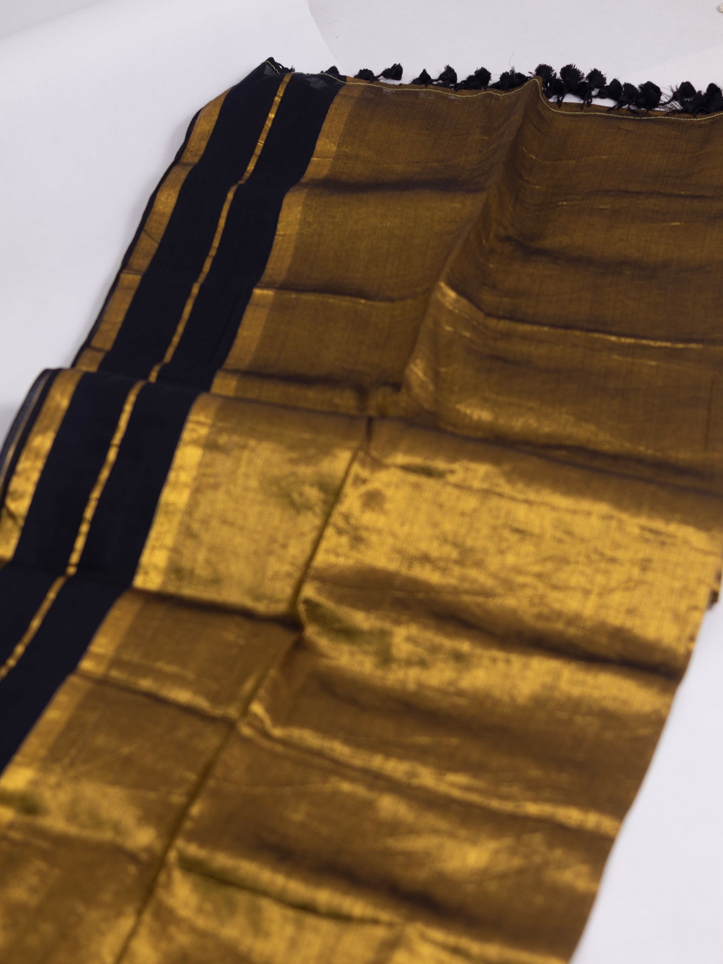 Golden tissue saree with mul cotton border-S188