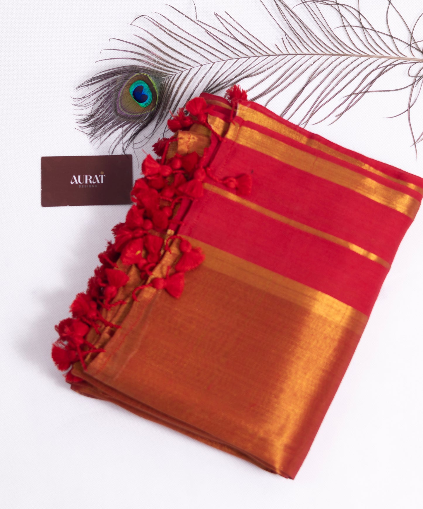 Golden tissue saree with mul cotton border-S187