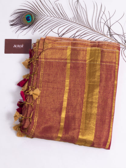 Orange & Gold Linen Tissue Saree with Classic Golden Border