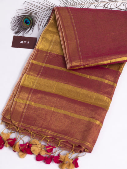 Orange & Gold Linen Tissue Saree with Classic Golden Border