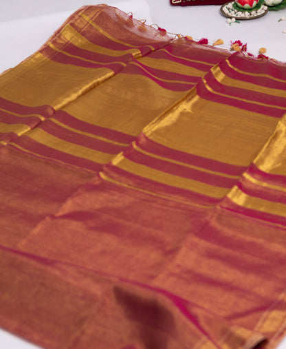 Orange & Gold Linen Tissue Saree with Classic Golden Border