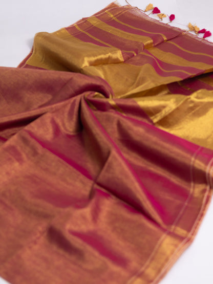 Orange & Gold Linen Tissue Saree with Classic Golden Border